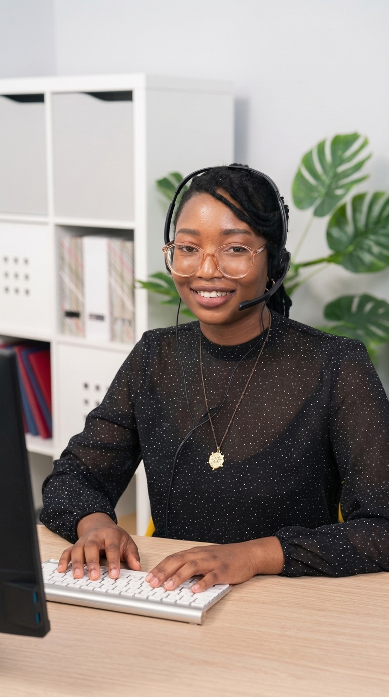 Professional specialist wearing a headset while working at a computer in a bright modern office